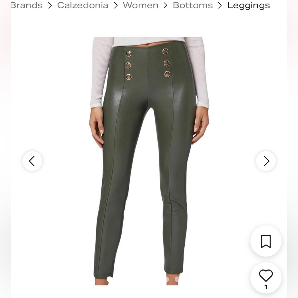 Calzedonia Army Green Faux Leather Thermal Leggings with Button Detail